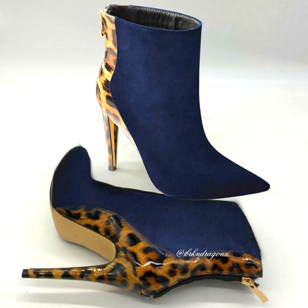NWT Navy or Black Leopard Stilettos Two Tone Booties Polished Dress Booties - Picture 5 of 14